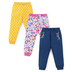 Babyhug Cotton Knit Full Length Floral Print Lounge Pants Pack of 3 - Navy Pink & Yellow