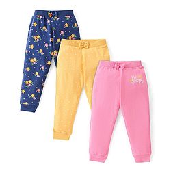 Babyhug Cotton Full Length Lounge Pants with Floral Print  & Bow Applique Pack of 3 - Pink Yellow & Blue