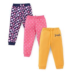 Babyhug Cotton Knit Full Length Floral Print Lounge Pants Pack of 3 - Navy Pink & Yellow