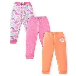 Babyhug Cotton Full Length Lounge Pants Floral Printed Pack of 3 - Pink & Orange