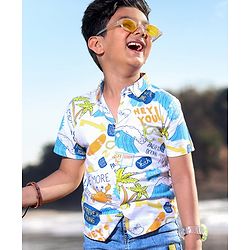 Babyhug 100% Cotton Knit Half Sleeves Regular Collar Beach Print Shirt - White