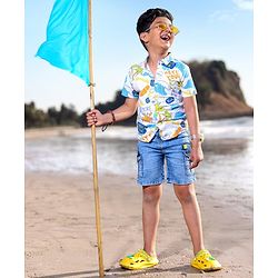 Babyhug 100% Cotton Knit Half Sleeves Regular Collar Beach Print Shirt - White