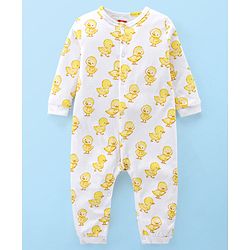 Babyhug 100% Cotton Interlock Knit Full Sleeves Romper Duck Print - White