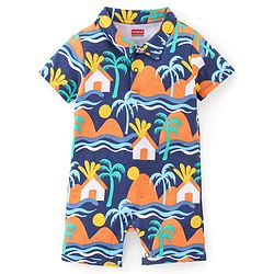 Babyhug 100% Cotton Interlock Knit Half Sleeves Beach Theme Romper - Multicolor
