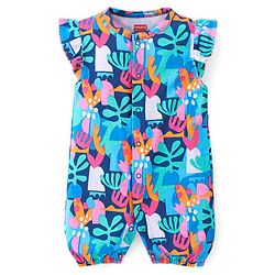 Babyhug 100% Cotton Knit Flutter Sleeves Romper With Coral Print - Blue