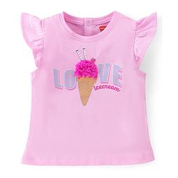 Babyhug 100% Cotton Knit Frill Sleeves Top with Text Print and Petal Embroidery - Pink