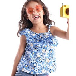 Babyhug 100% Cotton Knit One Shoulder Sleeves Asymmetrical Top With Frill Detailing Floral Print - Light Blue