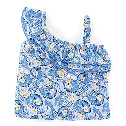 Babyhug 100% Cotton Knit One Shoulder Sleeves Asymmetrical Top With Frill Detailing Floral Print - Light Blue