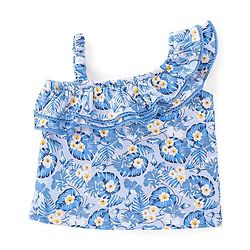 Babyhug 100% Cotton Knit One Shoulder Sleeves Asymmetrical Top With Frill Detailing Floral Print - Light Blue