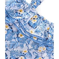Babyhug 100% Cotton Knit One Shoulder Sleeves Asymmetrical Top With Frill Detailing Floral Print - Light Blue