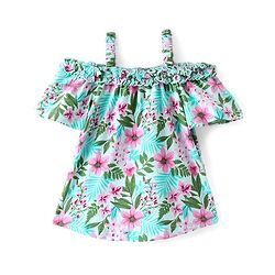 Babyhug 100% Cotton Knit Off Shoulder Half Sleeves Top with Floral Graphics & Frill Detailing - Green