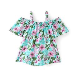 Babyhug 100% Cotton Knit Off Shoulder Half Sleeves Top with Floral Graphics & Frill Detailing - Green