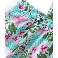 Babyhug 100% Cotton Knit Off Shoulder Half Sleeves Top with Floral Graphics & Frill Detailing - Green