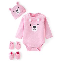 Babyhug 100% Cotton Full Sleeves Onesies With Cap & Mittens & Booties Teddy Print - Pink