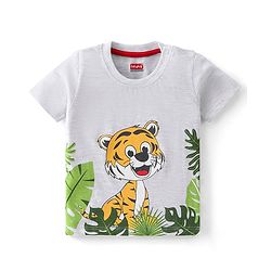 Babyhug 100% Cotton Half Sleeves T-Shirt With Tiger Graphics - Ecru Melange