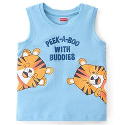 Babyhug 100% Cotton Knit Sleeveless T-Shirt with Puff Print and Tiger Graphics - Blue