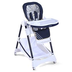 Babyhug High Chair with 7 Level Height Adjustment & Removable Cushion Seat- Navy Blue| Reclining Seat| Compact Fold| Lockable Wheels| Removable Double Food Tray| Adjustable Foot-rest| Storage Basket