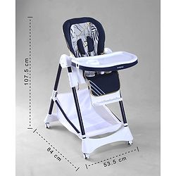 Babyhug High Chair with 7 Level Height Adjustment & Removable Cushion Seat- Navy Blue| Reclining Seat| Compact Fold| Lockable Wheels| Removable Double Food Tray| Adjustable Foot-rest| Storage Basket