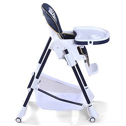 Babyhug High Chair with 7 Level Height Adjustment & Removable Cushion Seat- Navy Blue| Reclining Seat| Compact Fold| Lockable Wheels| Removable Double Food Tray| Adjustable Foot-rest| Storage Basket