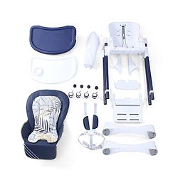 Babyhug High Chair with 7 Level Height Adjustment & Removable Cushion Seat- Navy Blue| Reclining Seat| Compact Fold| Lockable Wheels| Removable Double Food Tray| Adjustable Foot-rest| Storage Basket