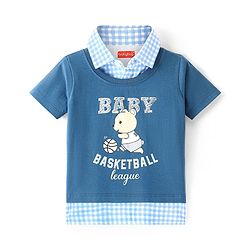 Babyhug Cotton Knit Half Sleeves Teddy Printed Over Lapping T-Shirt - Navy Blue