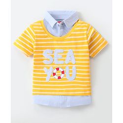 Babyhug Cotton Knit Half Sleeves Overlapped Collared  T-Shirt With Text Print - Yellow