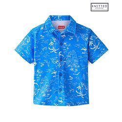 Babyhug Cotton Knit Half Sleeves Shirt Beach Theme Print- Blue