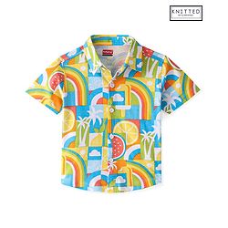 Babyhug Cotton Knitted Half Sleeves  Regular Collar Shirt Rainbow Printed  - White Blue & Yellow