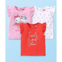 Babyhug Cotton Knit Frill Sleeves Kitty Print T-Shirts Pack of 3 - Red Pink & White