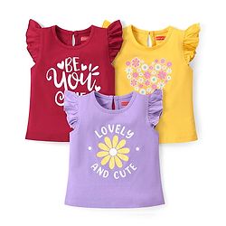 Babyhug 100% Cotton Frill Sleeves Tops With  Floral Graphics & Text Print Pack of 3- Multicolour