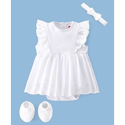 Babyhug 100% Cotton Interlock Knit Sleeveless Solid Color Onesies with Hair Band & Booties - White