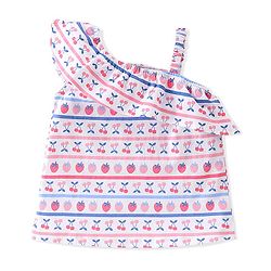 Babyhug 100% Cotton Knit Sleeveless Asymmetrical Top with Frill Detailing Cherry Print - White & Pink