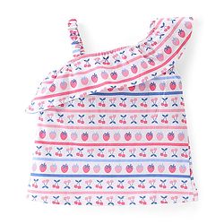 Babyhug 100% Cotton Knit Sleeveless Asymmetrical Top with Frill Detailing Cherry Print - White & Pink