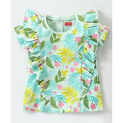 Babyhug Cotton Knit Half Sleeves Top With Frill Detailing & Floral Print - Light Green