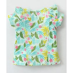Babyhug Cotton Knit Half Sleeves Top With Frill Detailing & Floral Print - Light Green