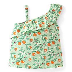 Babyhug Cotton Knit One Shoulder Sleeves   Top  with Frill Detailing Orange & Floral  Print - Green