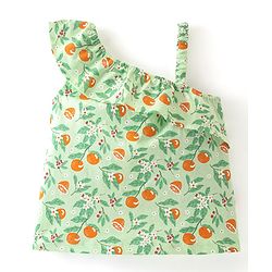 Babyhug Cotton Knit One Shoulder Sleeves   Top  with Frill Detailing Orange & Floral  Print - Green