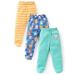 Babyhug Cotton Knit Bootie Legging with Animals Print Pack of 3 - Yellow Navy Blue & Green