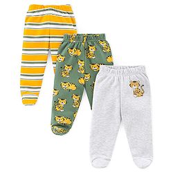 Babyhug Interlock Cotton Knit Footed Bootie Pants Stripes & Big Cat Print Pack of 3 - Yellow Green & Grey