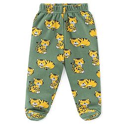 Babyhug Interlock Cotton Knit Footed Bootie Pants Stripes & Big Cat Print Pack of 3 - Yellow Green & Grey