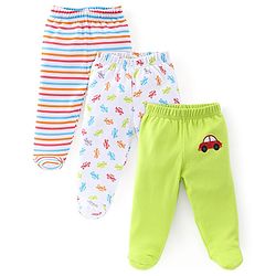 Babyhug Cotton Full Length Bootie Leggings Car Print Pack of 3 - Green White & Red