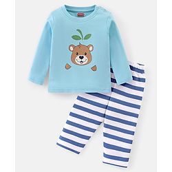 Babyhug Interlock Knit Full Sleeves Night Suit Stripes & Bear Print - Blue