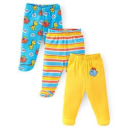Babyhug Cotton Footed Bootie Leggings Striped & Dino Print Pack of 3 - White Blue & Yellow