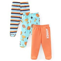Babyhug Cotton Knit Footed Bootie Leggings Striped  Pack of 3 - Blue & Peach