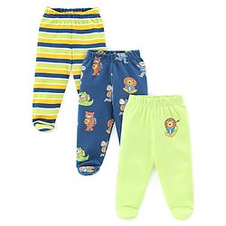 Babyhug Cotton Interlock Knit Footed Bootie Leggings Striped & Bear Print Pack of 3 - Blue & Green