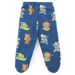 Babyhug Cotton Interlock Knit Footed Bootie Leggings Striped & Bear Print Pack of 3 - Blue & Green