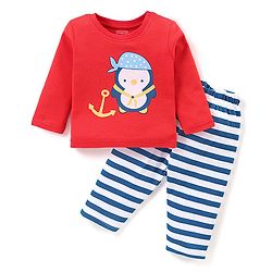 Babyhug Cotton Interlock Full Sleeves  Night Suit Penguin Print - Red & Blue