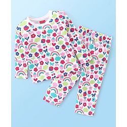 Babyhug Interlock Cotton Knit Full Sleeves Floral Print Night Suit - White
