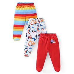 Babyhug Cotton Knit Footed Bootie Leggings Stripes Car & Truck Print Pack of 3- Multicolour