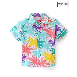 Babyhug 100% Cotton Knit Half Sleeves Regular Collar Shirt With Palm Tree Print- White